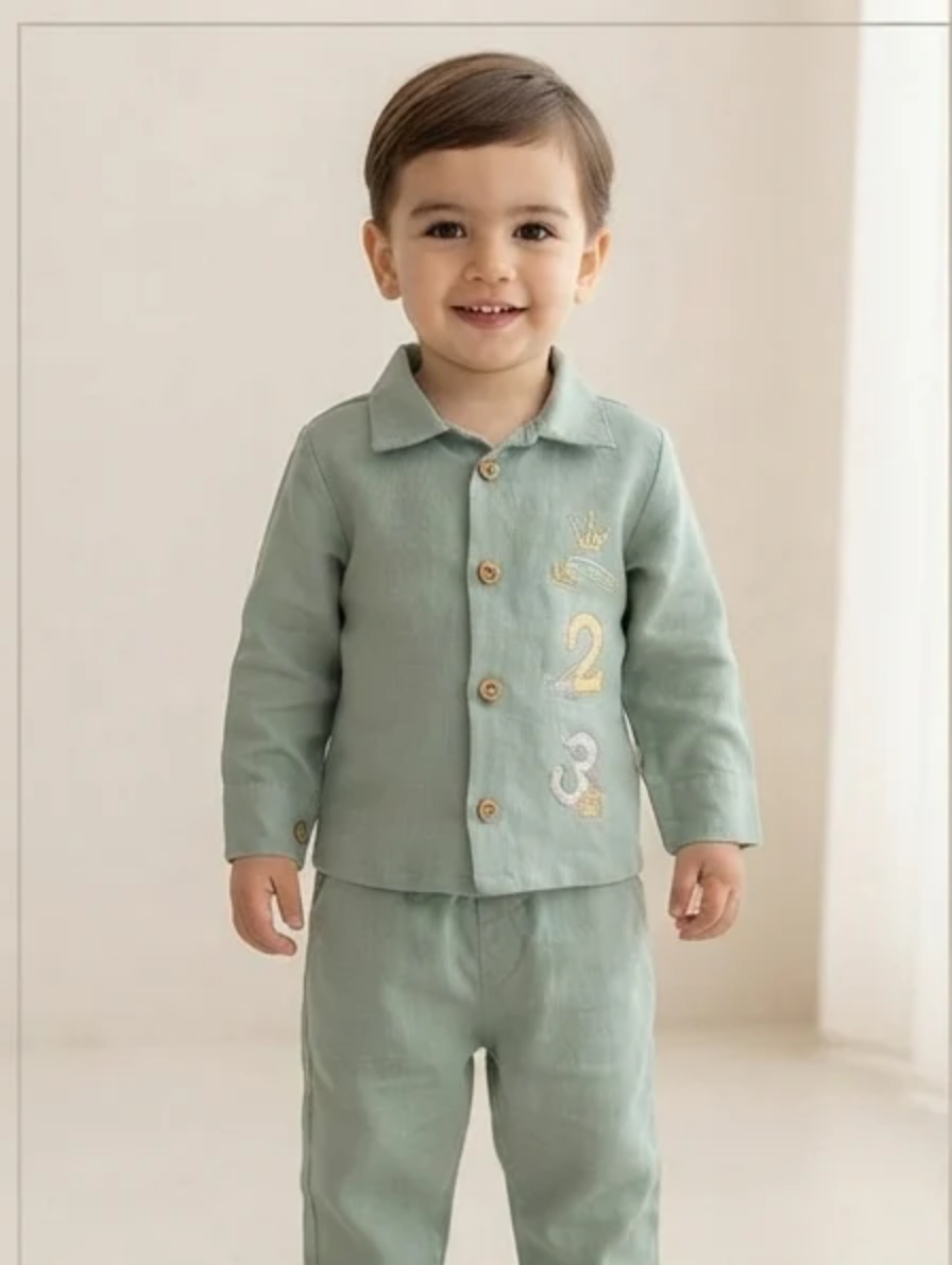 Sage Green Linen-Blend Long-Sleeve Set with "One, Two, Three" Embroidery