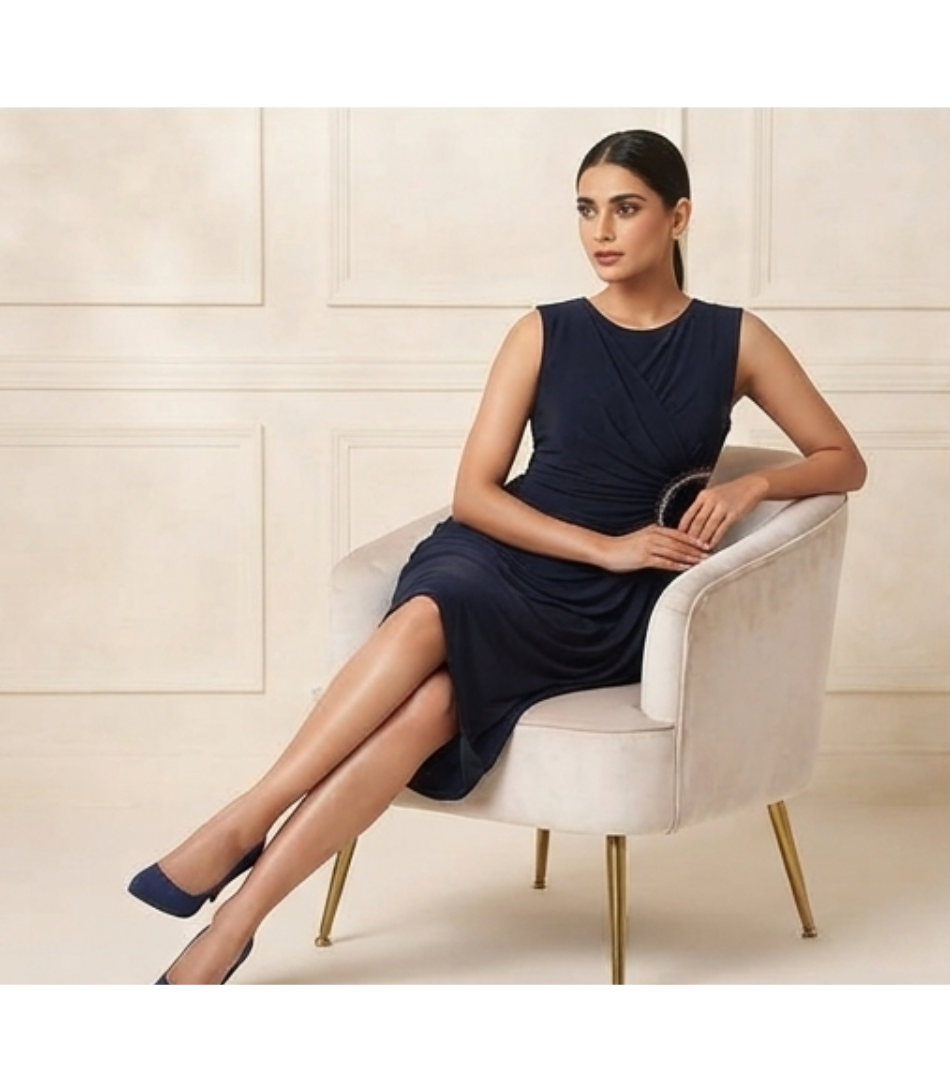 Navy Blue Draped Cocktail Dress with Crystal Side Accent