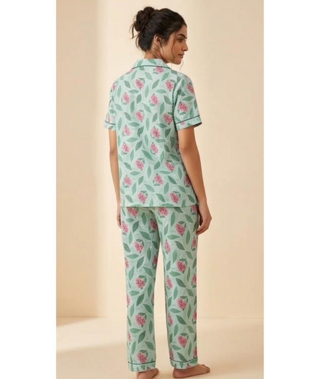 Mint Green Floral & Leaf Printed Cotton Night Suit Set