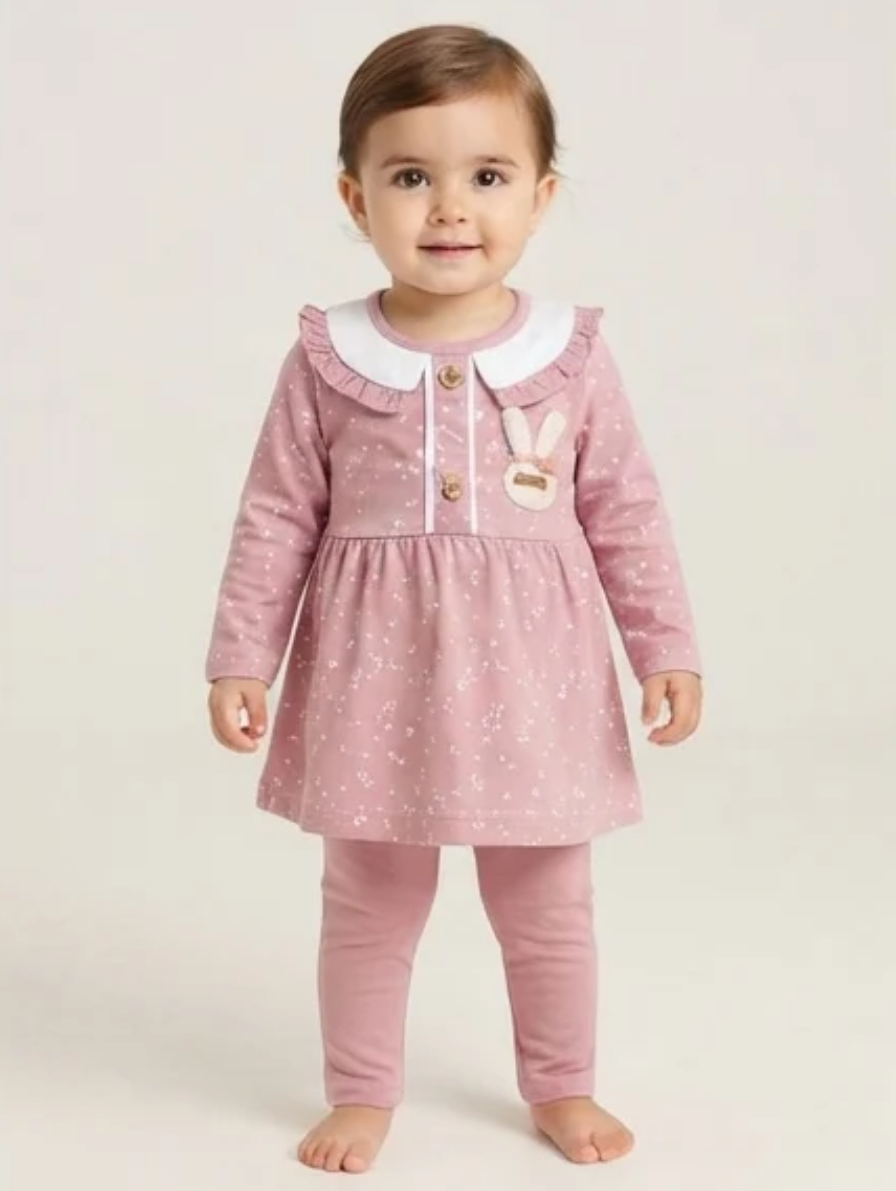 Baby Girl Dusty Rose Floral Peter Pan Collar Dress & Leggings Set