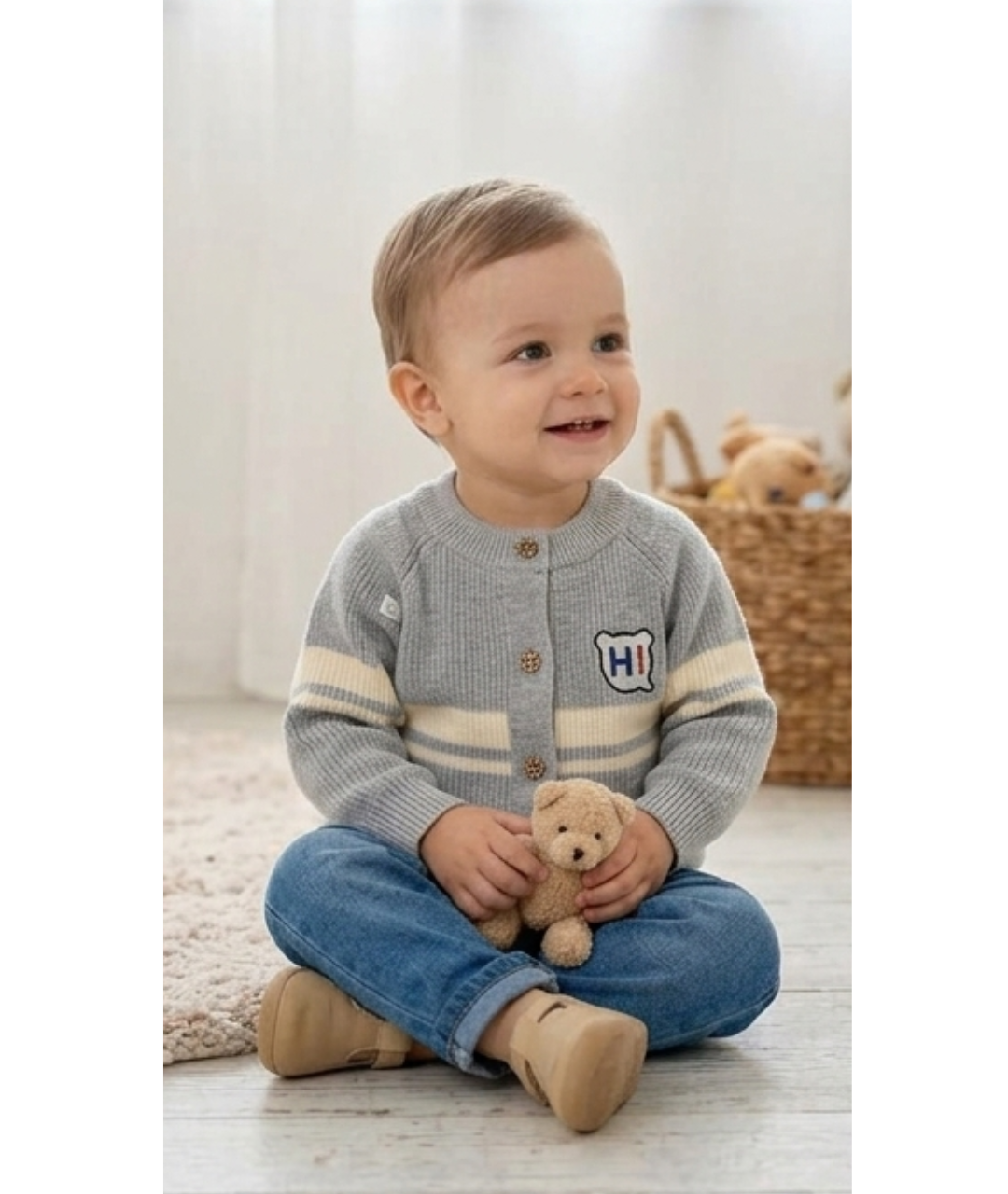Toddler Boys Striped Knit Cardigan Sweater – Heather Grey with "HI!" Patch
