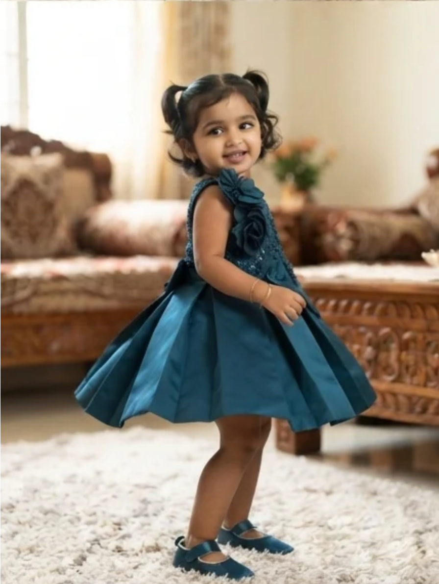 Elegant Teal Blue Sleeveless A-Line Party Dress with Sequin Bodice and Large Flower Detail
