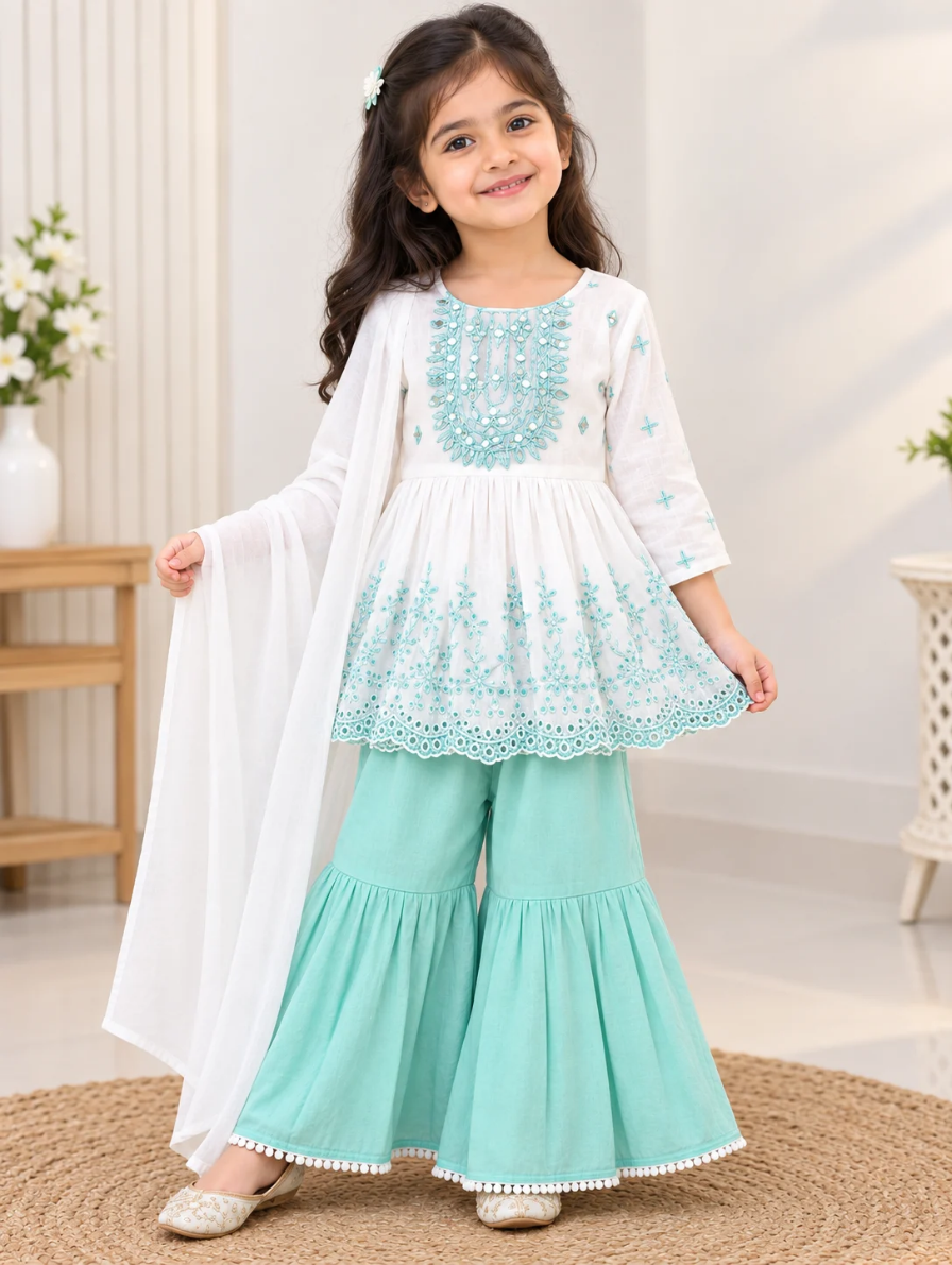 Mint & White Mirror-Work Peplum Top with Sharara and Dupatta Set