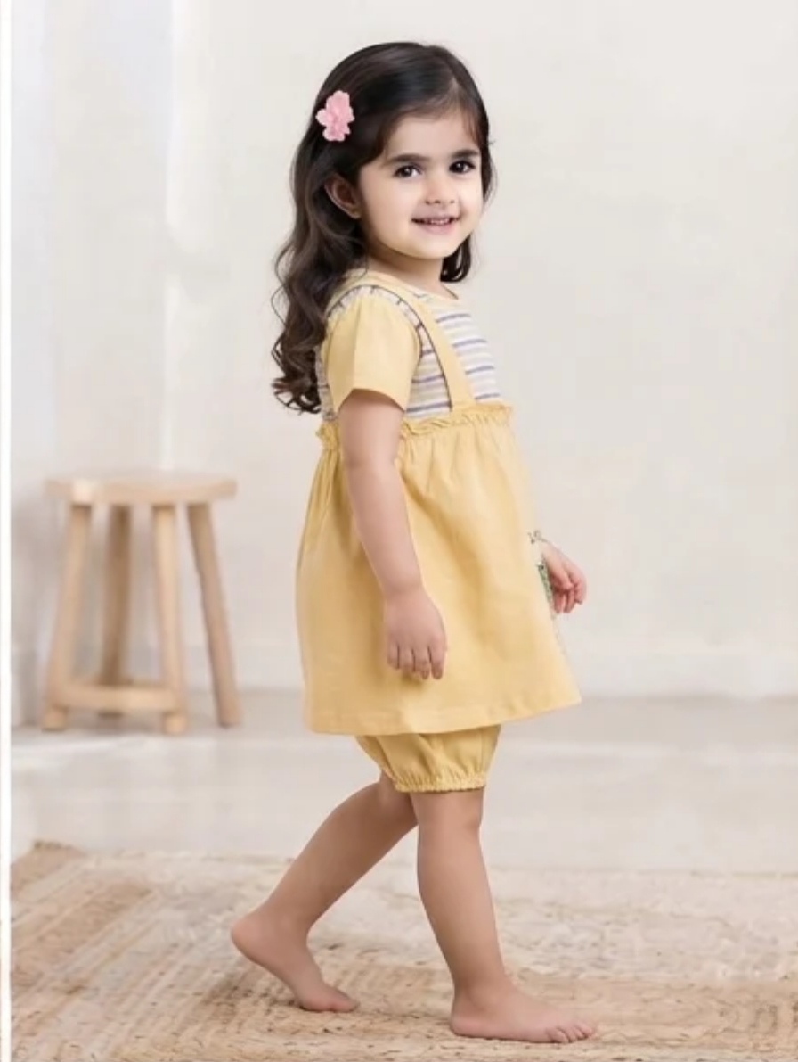 Girls' Pastel Yellow Striped Bodice Dress with Cat Embroidery & Bloomer Shorts