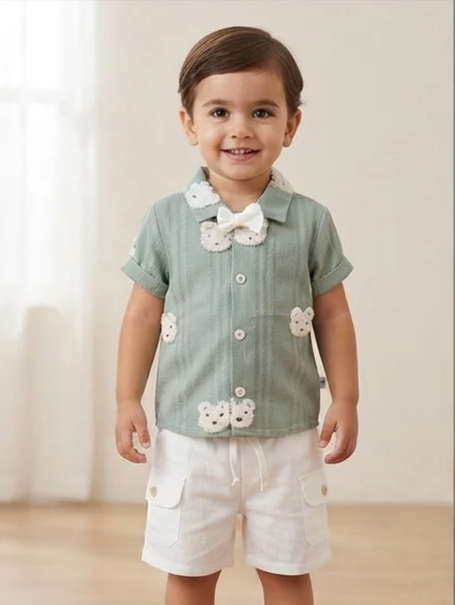 Sage Green Textured Bear Appliqué Short-Sleeve Shirt and White Shorts Set
