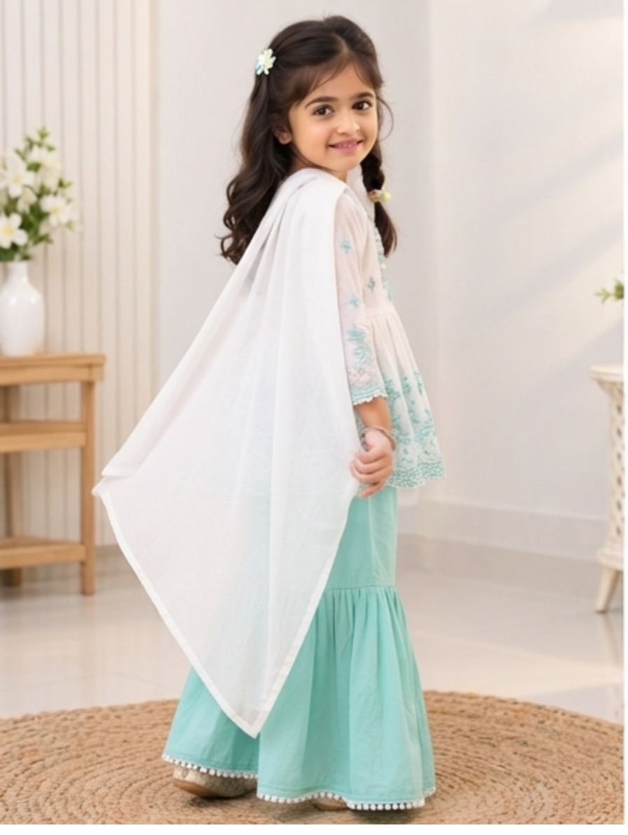 Mint & White Mirror-Work Peplum Top with Sharara and Dupatta Set