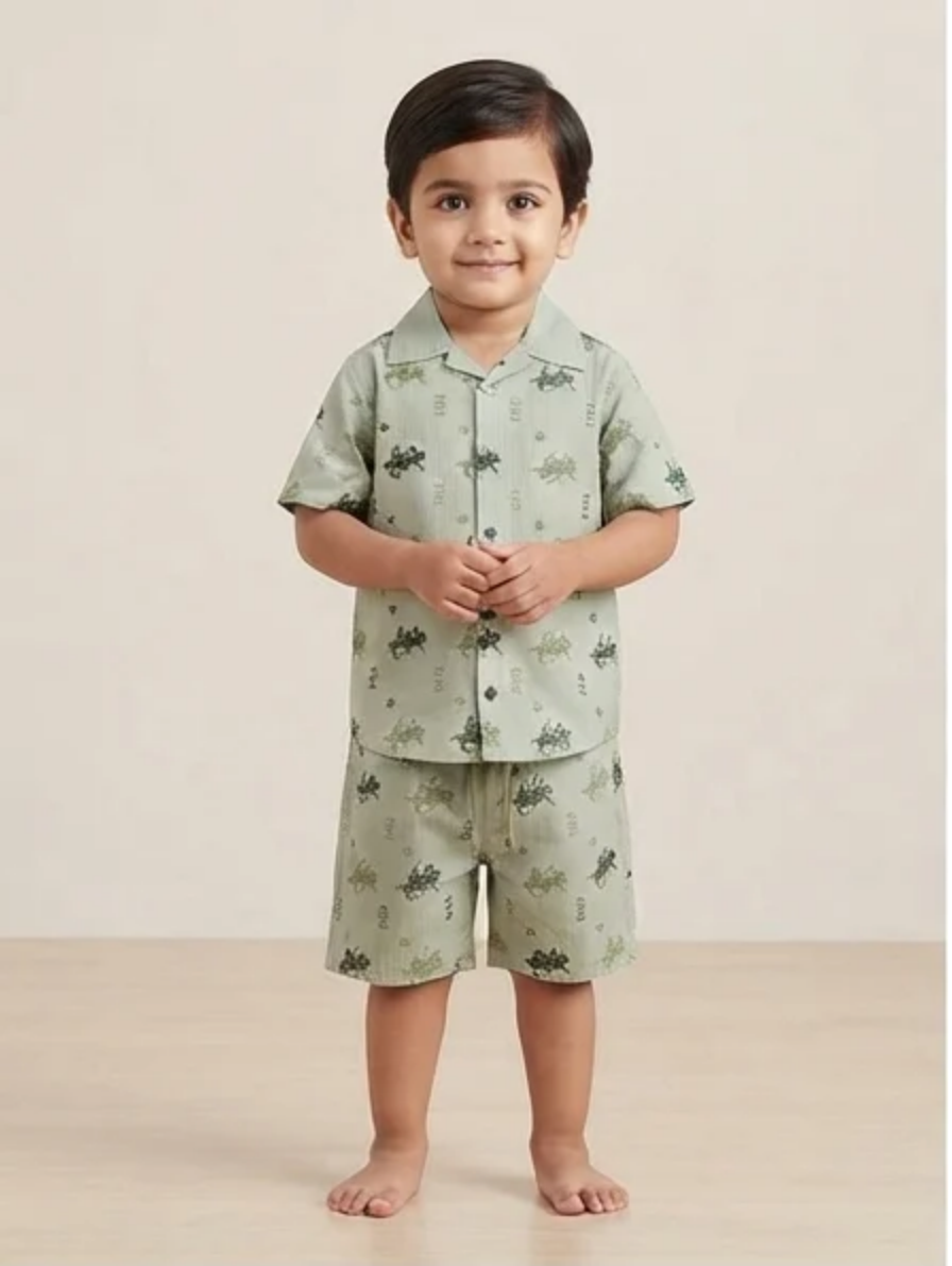 Sage Green Short-Sleeve Cuban Collar Shirt & Shorts Set