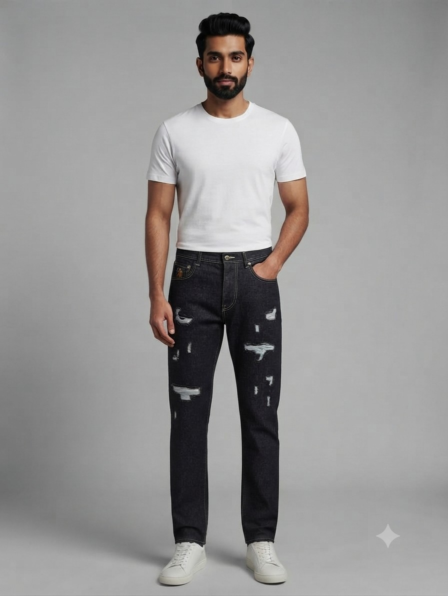 Dark-Wash Distressed Slim-Fit Jeans