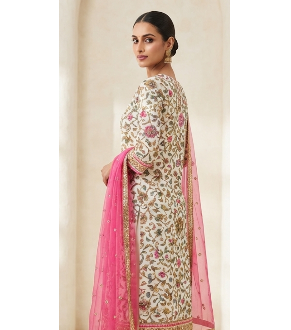 Ivory Multi-Floral Embroidered Straight Kurta Set with Hot Pink Dupatta