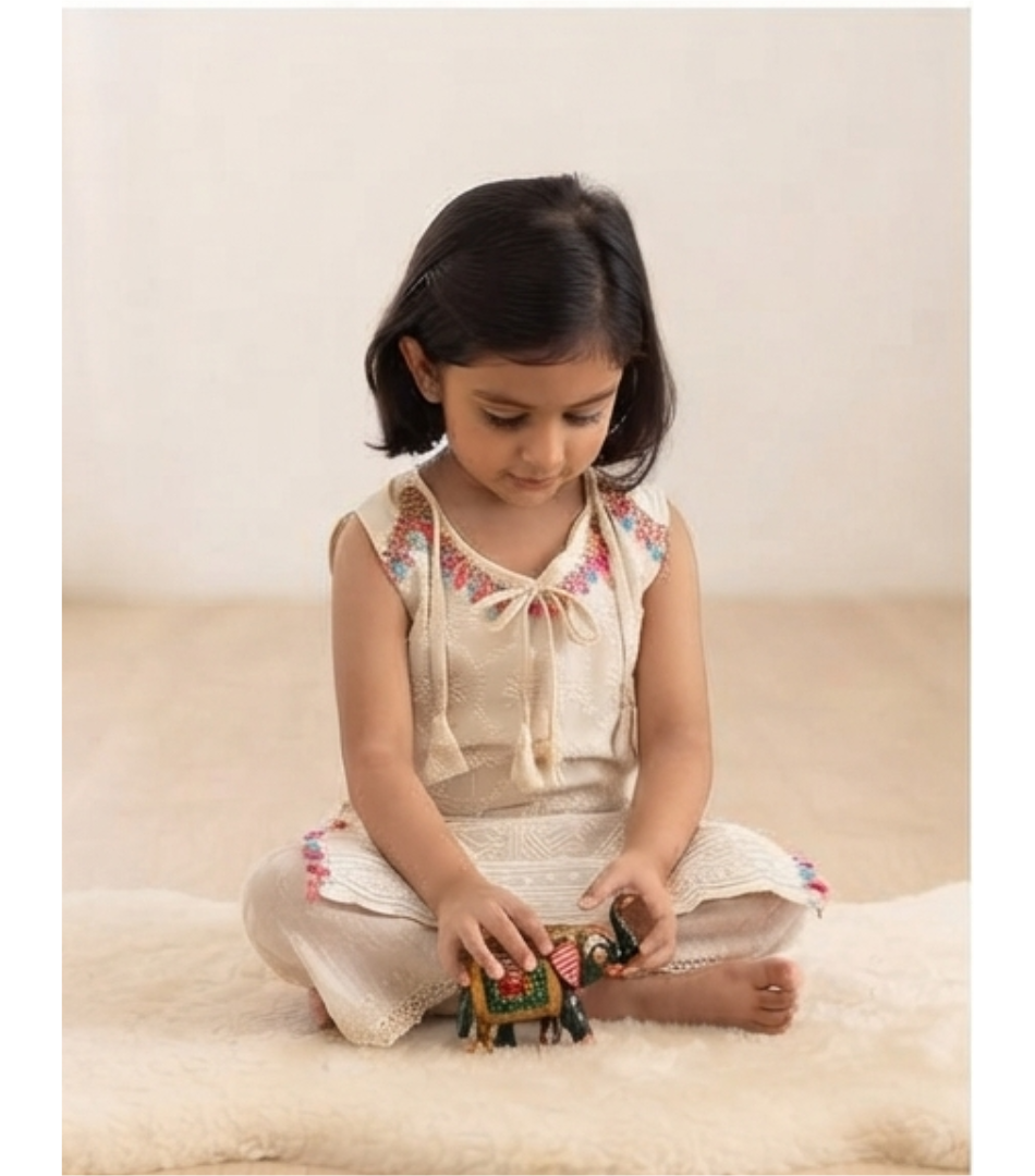 Elegant Cream Embroidered Ethnic Dress for Girls