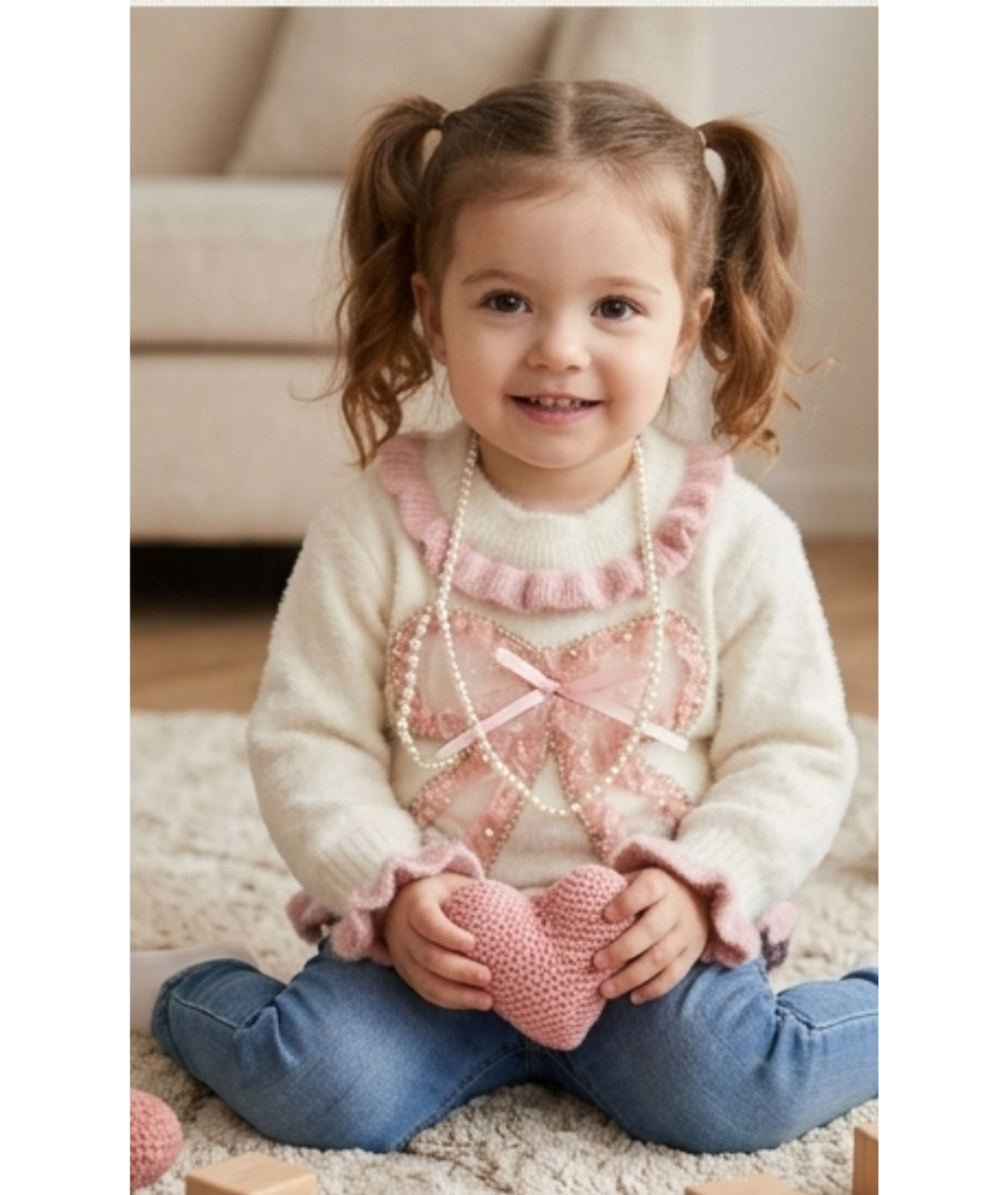 Toddler Girls' Soft Fuzzy Knit Sweater with Pink Ruffle & Ribbon Bow Appliqué