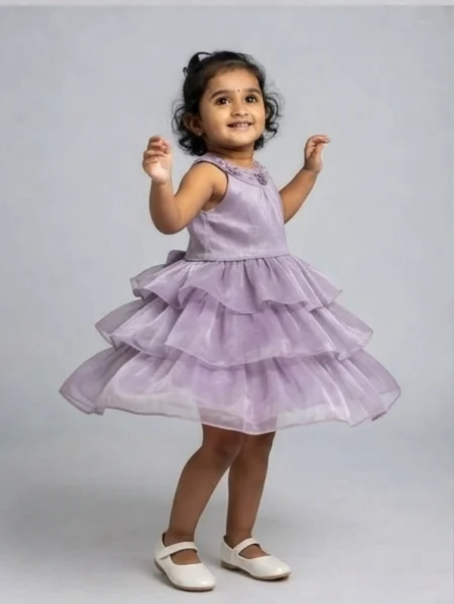 Elegant Lilac Tiered Organza Party Dress with Beaded Bodice