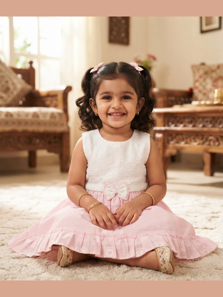 White and Pink Tiered Dress with Waist Bow and Ruffle Hem