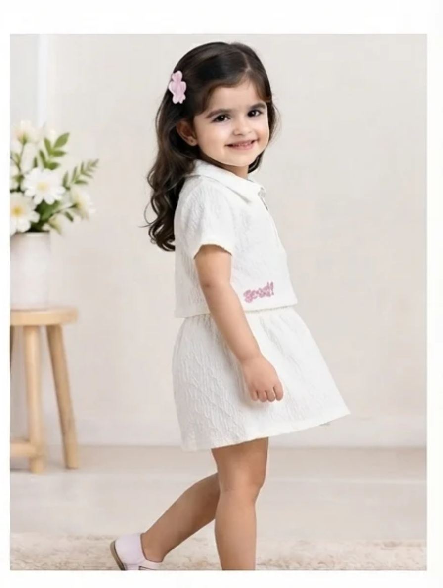 Girls' White Textured Zip-Collar Crop Top with Rhinestone Butterfly & Logo  Short Description: