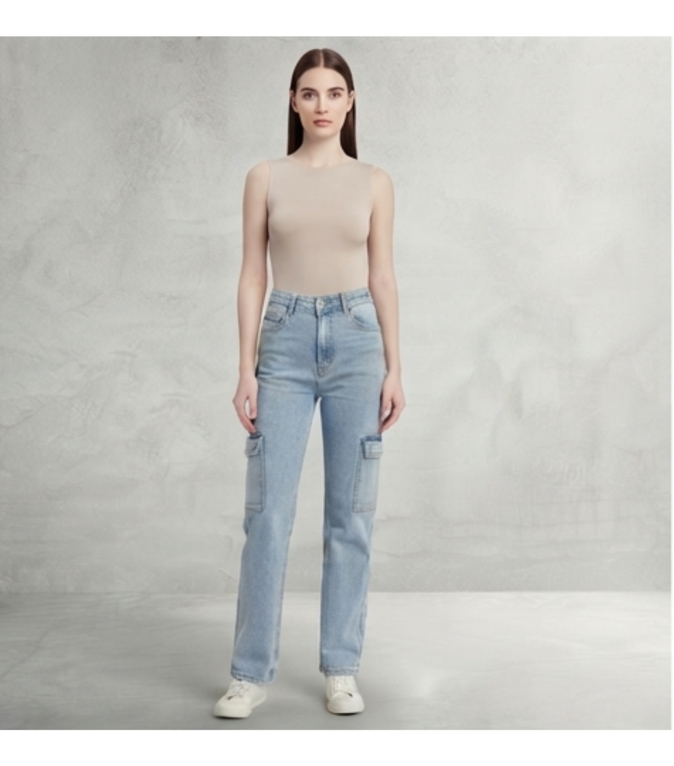 Women's Light Wash High-Rise Cargo Jeans