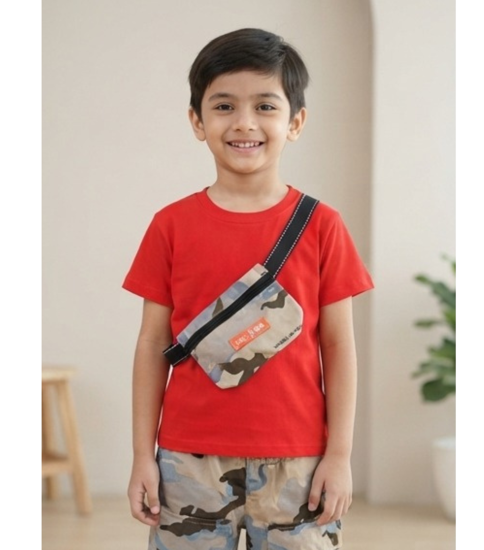 Vibrant Red Tee with Camo Crossbody Bag and Pants Set