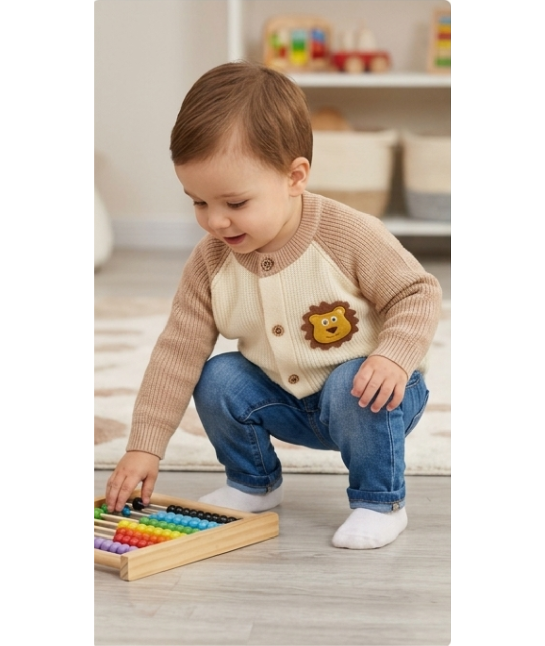 Toddler Boys Colorblock Raglan Knit Cardigan – Cream & Beige with Lion Patch