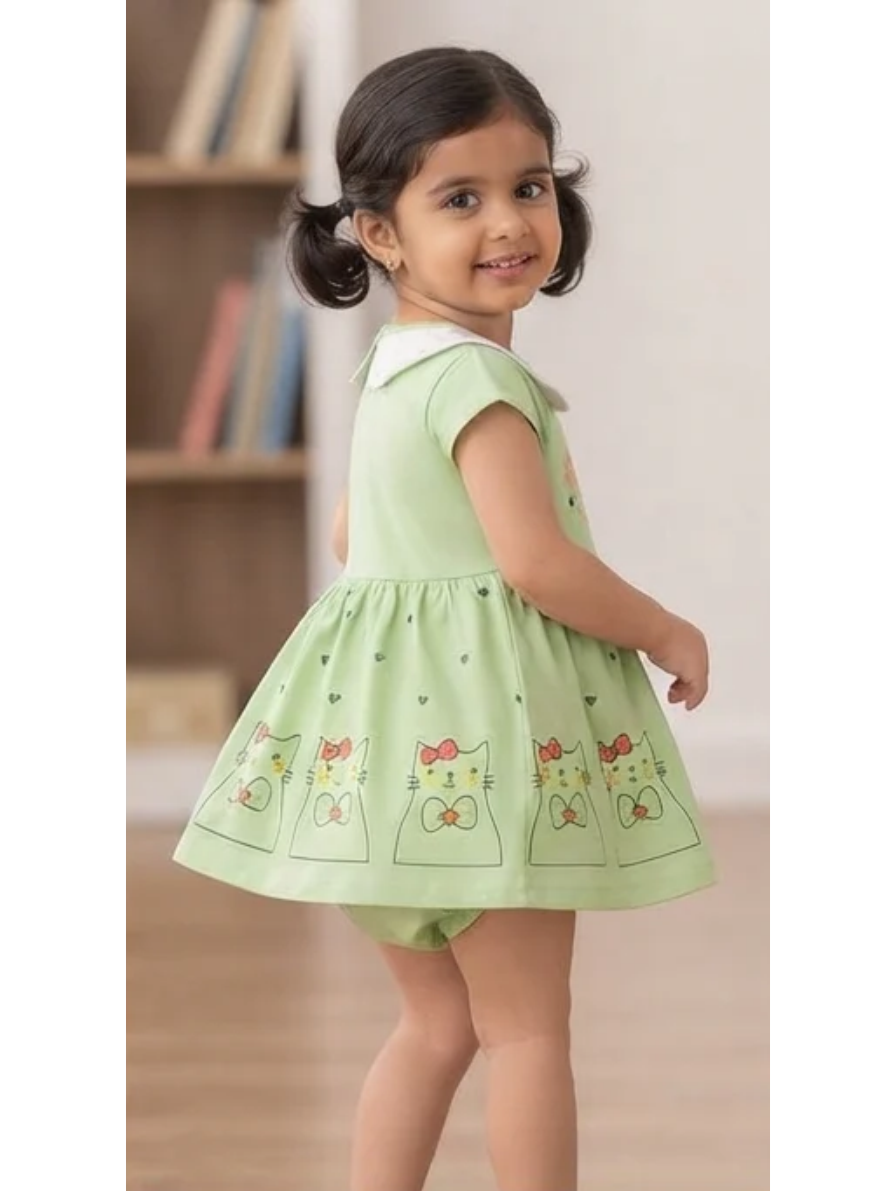 Little Wings Green Cat Print Frock & Bloomer Set