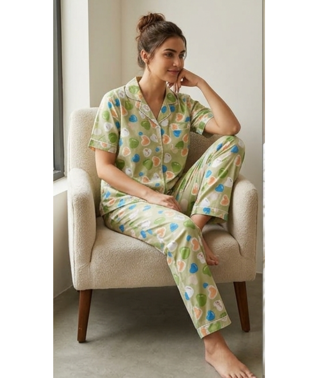 Pistachio Green Multi-Heart Printed Cotton Night Suit Set