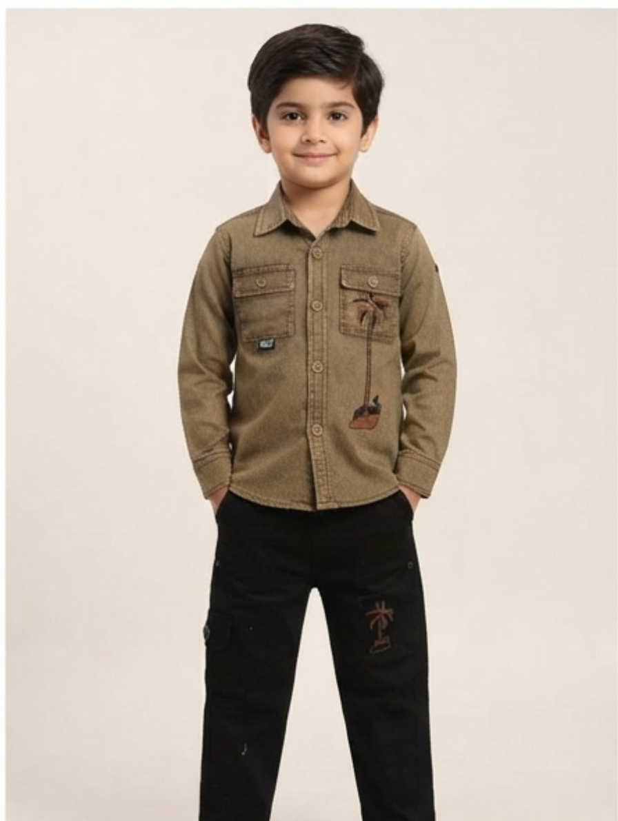 Olive Denim Shirt & Cargo Pants Set