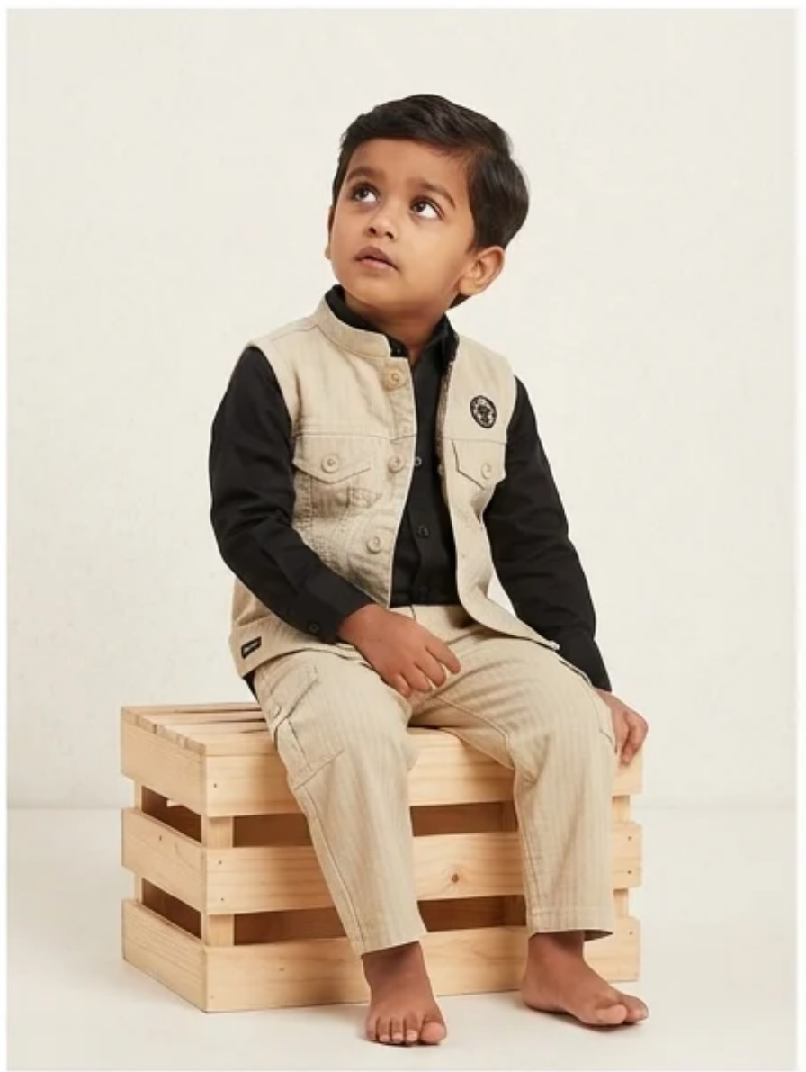 Boys Beige Pinstripe Nehru Jacket, Shirt & Cargo Pants Set