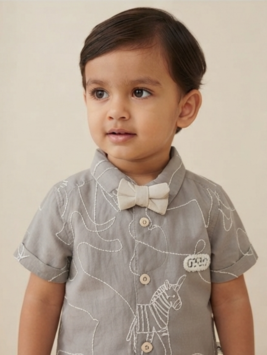 Grey Short-Sleeve Animal-Embroidered Shirt & Beige Shorts Set with Bow Tie