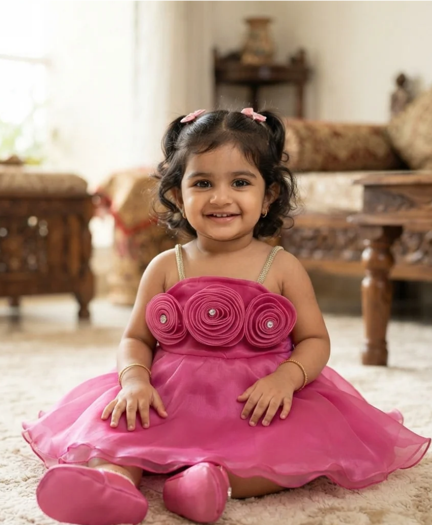 Fuchsia Organza Tiered Party Dress with Triple Rosette Bodice and Beaded Straps