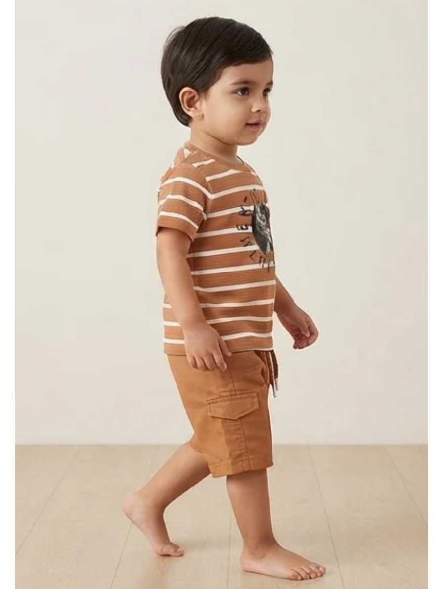Caramel Brown Striped T-Shirt & Cargo Shorts Set