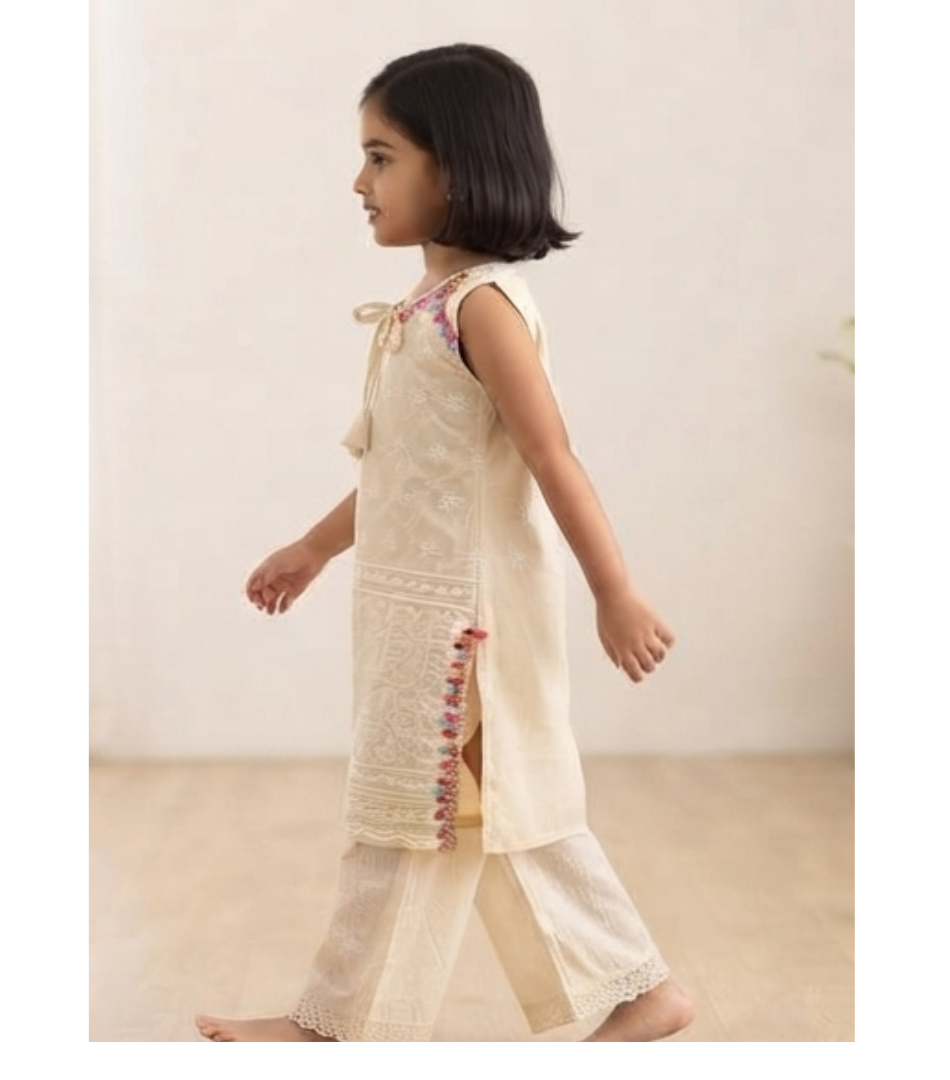 Elegant Cream Embroidered Ethnic Dress for Girls