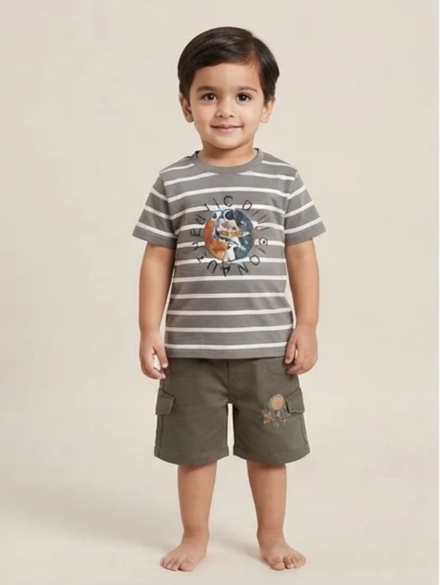 Grey & White Striped T-Shirt & Cargo Shorts Set