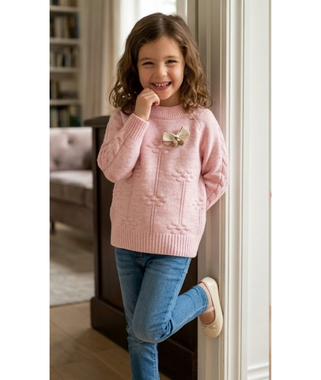 Girls' Sweet Bow-Accent Cable-Knit Sweater – Pastel Pink