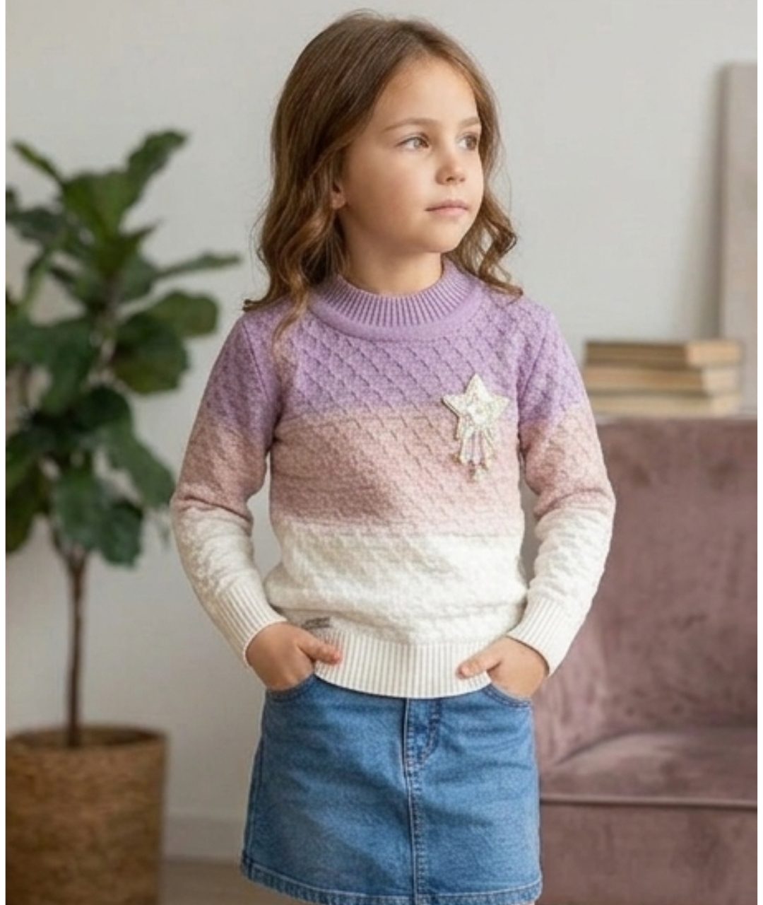 Girls' Ombré Star-Appliqué Textured Knit Sweater – Lavender & Cream