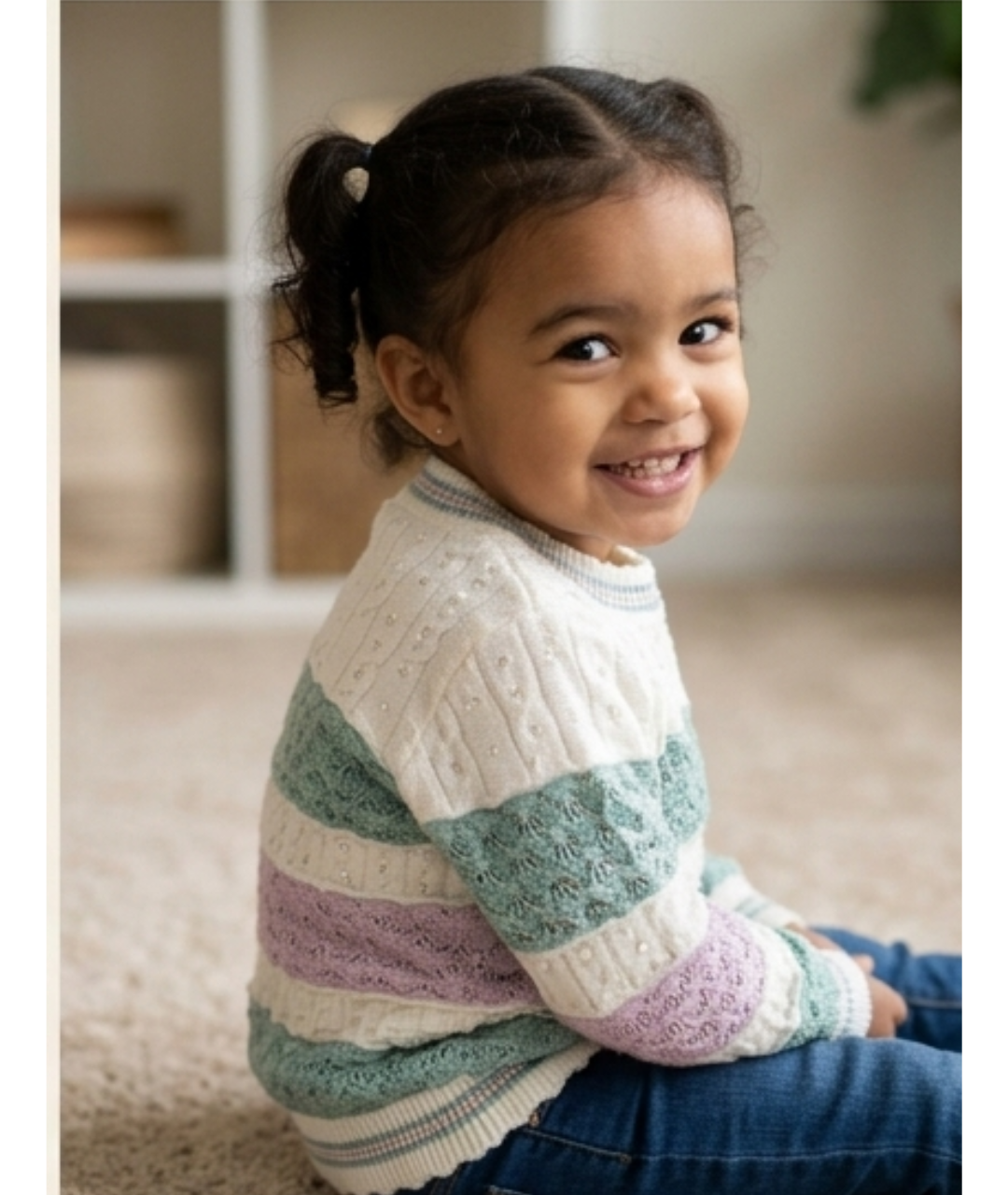 Girls' Multi-Stitch Textured Pastel Striped Sweater – Mint, Lavender, and Cream