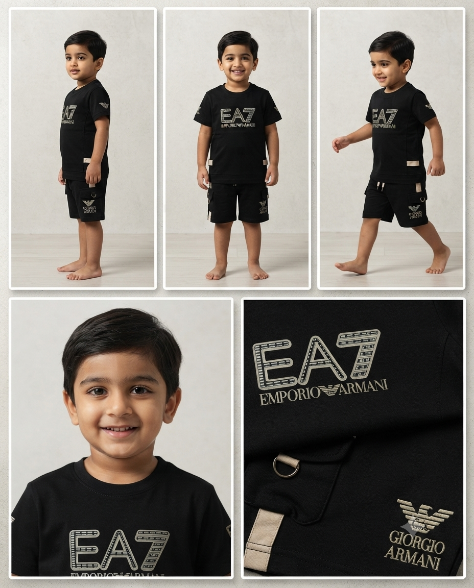 Little Icon - Black Designer T-Shirt & Cargo Shorts Set
