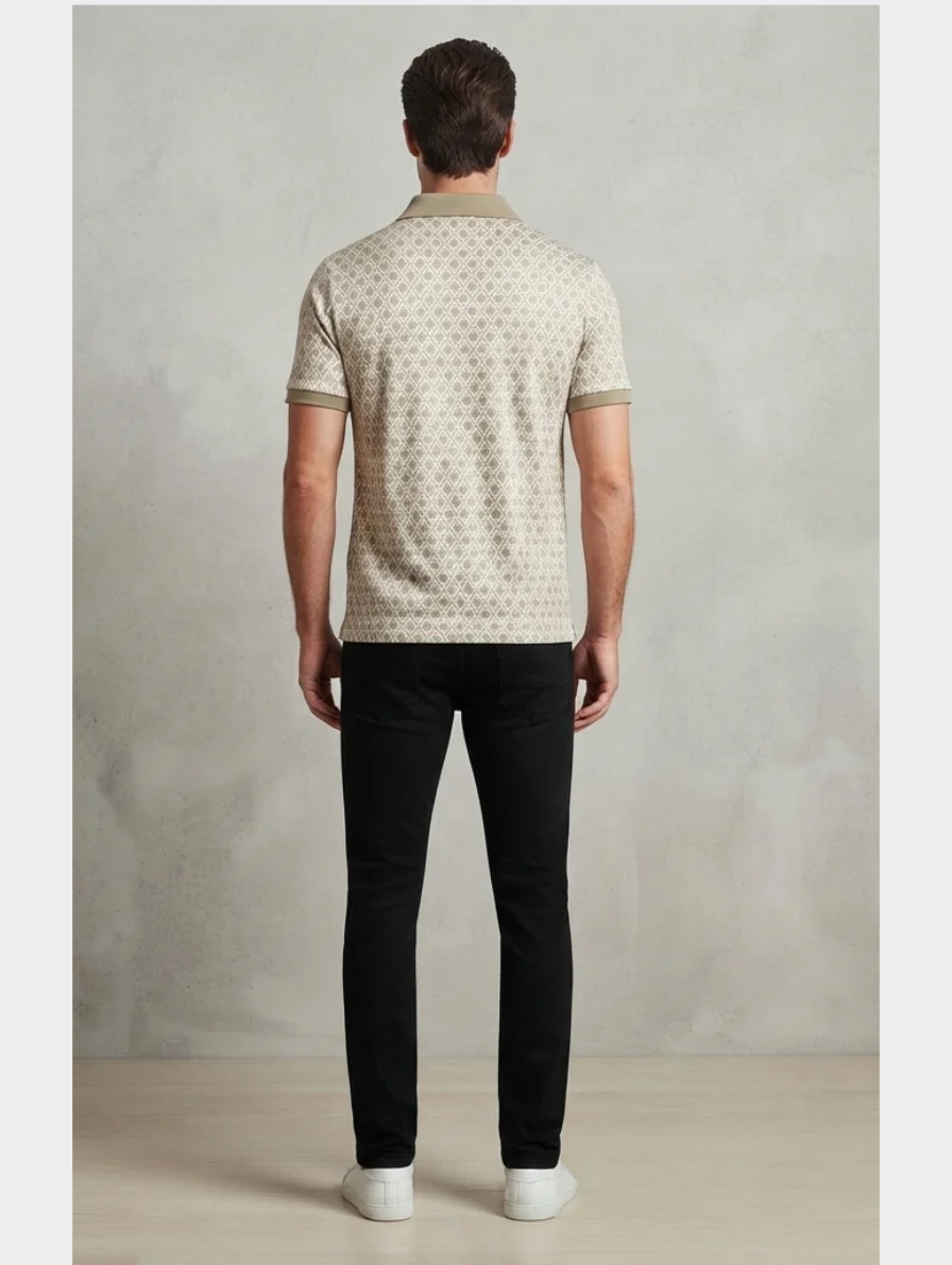 Beige Geometric Diamond-Pattern Knit Polo Shirt