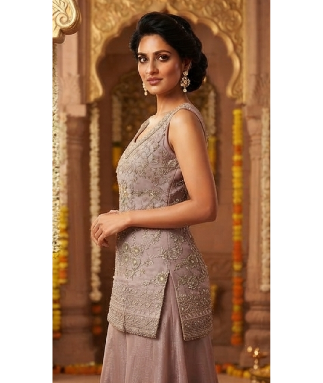 Elegant Mauve Embellished Tunic & Palazzo Set
