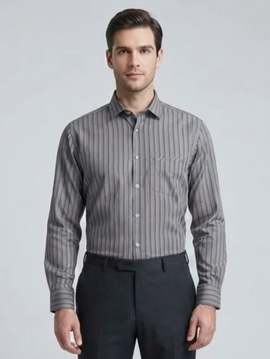 Classic Grey Vertical-Stripe Formal Cotton Shirt for Men