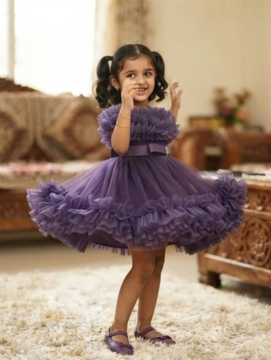 Elegant Deep Purple Off-the-Shoulder Tulle Ruffle Party Dress with Crystal-Accented Bow
