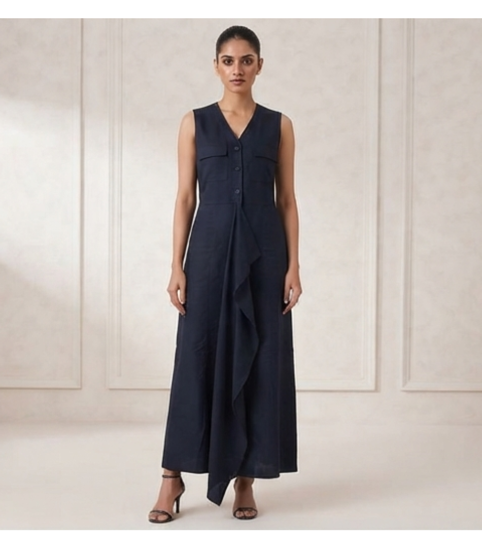 Navy Blue V-Neck Sleeveless Maxi Dress with Asymmetric Ruffle Detail