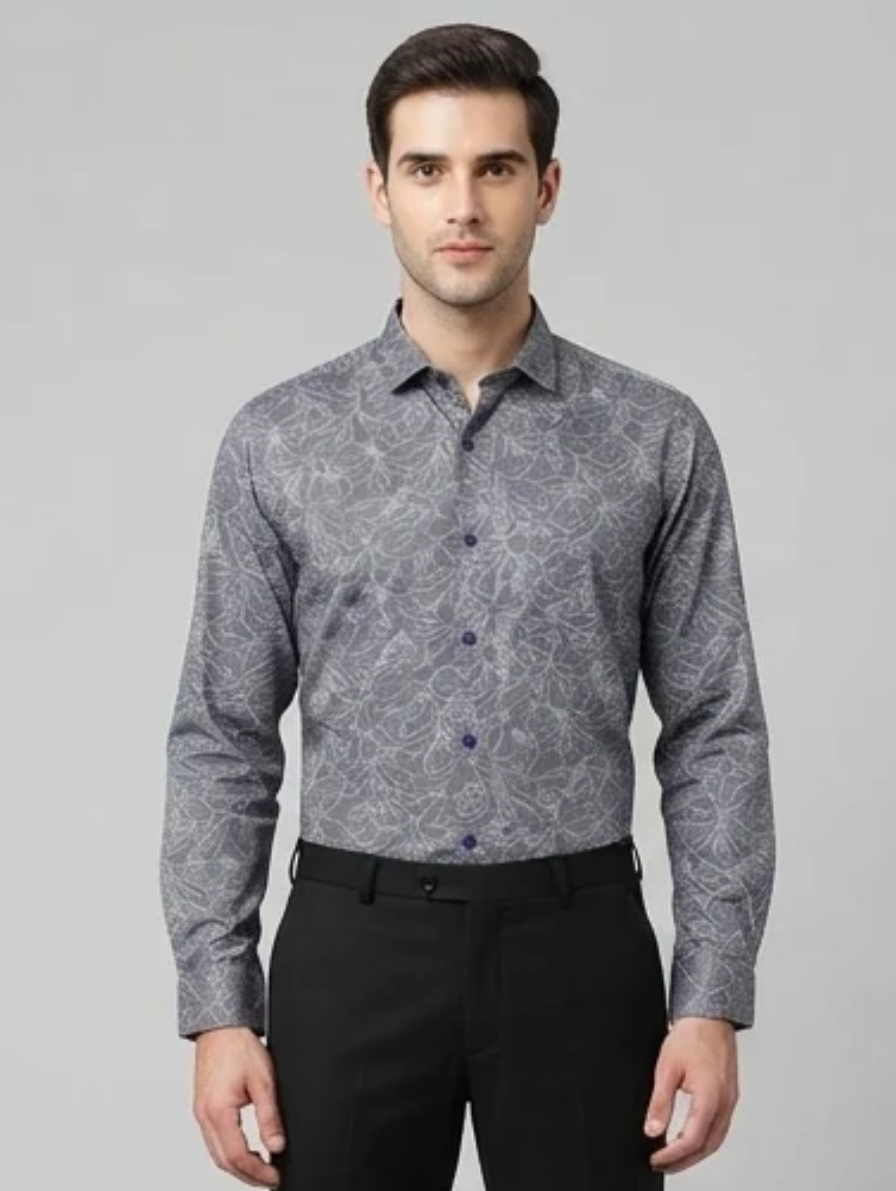 Premium Grey Floral-Print Slim-Fit Formal Shirt with Purple Buttons