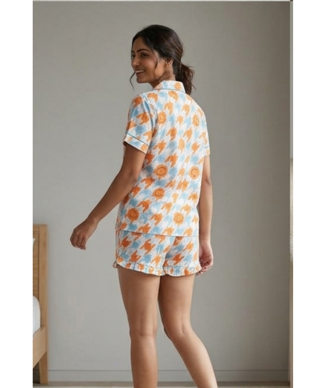 Playful Houndstooth & Smiley Face Printed Cotton Pajama Night Suit Set