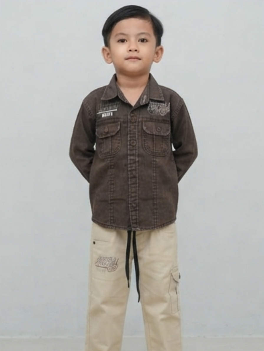 Brown Denim Shirt & Cargo Pants Set