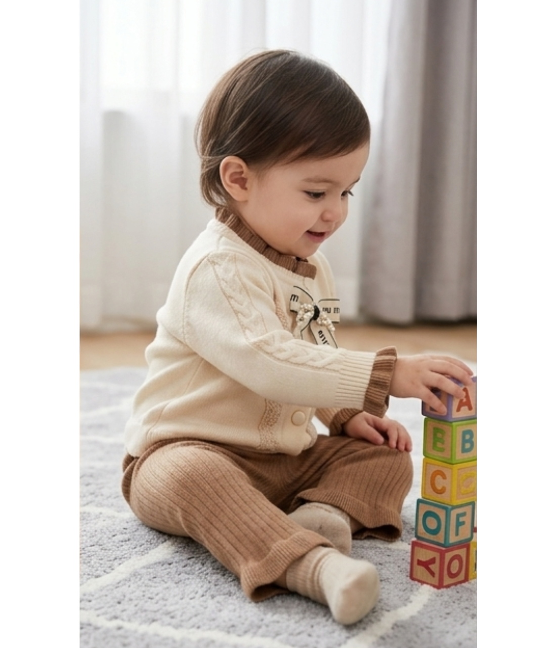 Toddler Girls Pearl Bow Knit Cardigan & Flared Pants Set – Cream & Mocha Brown