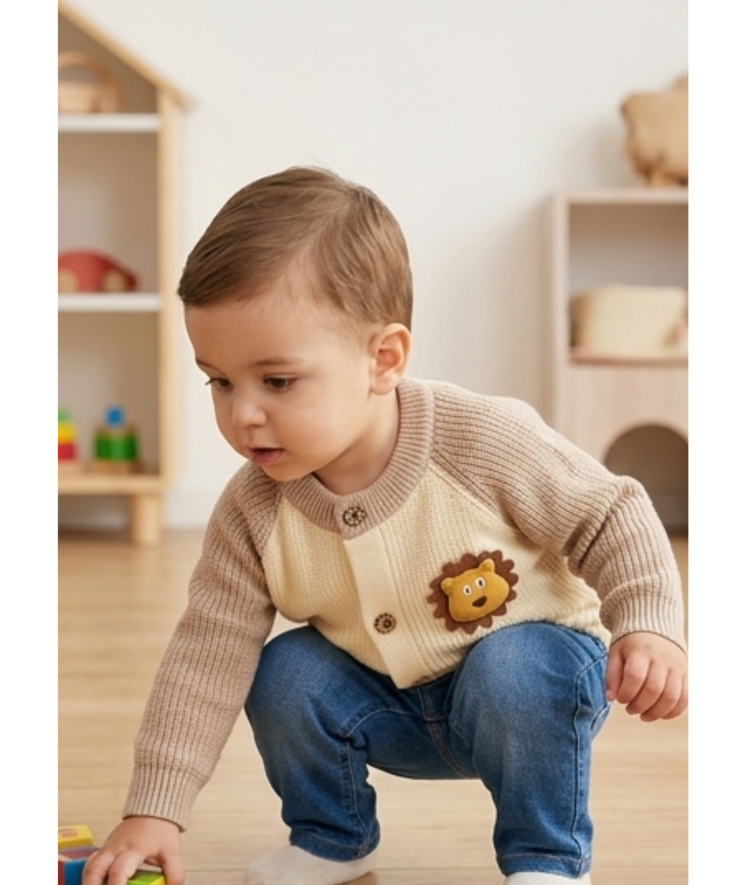 Toddler Boys Colorblock Raglan Knit Cardigan – Off-White & Mocha with Lion Patch