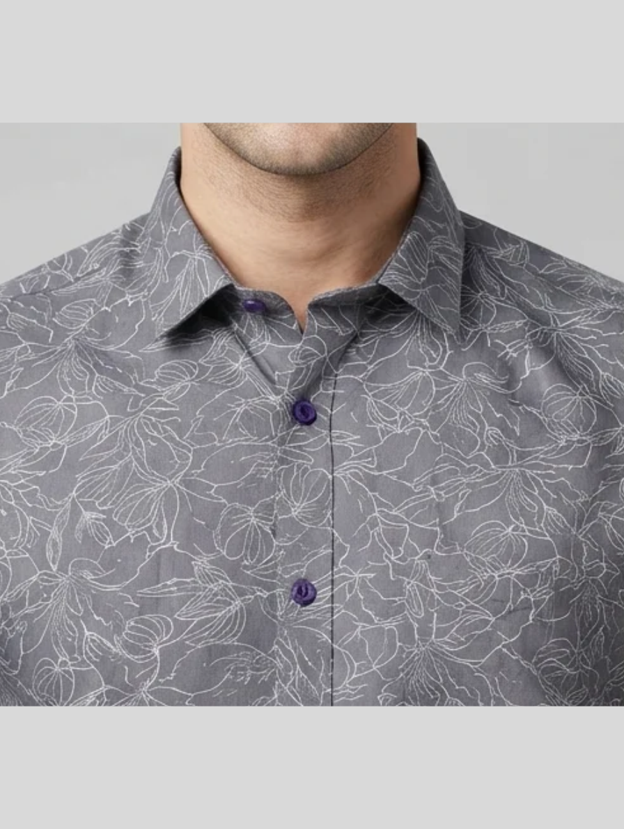 Premium Grey Floral-Print Slim-Fit Formal Shirt with Purple Buttons