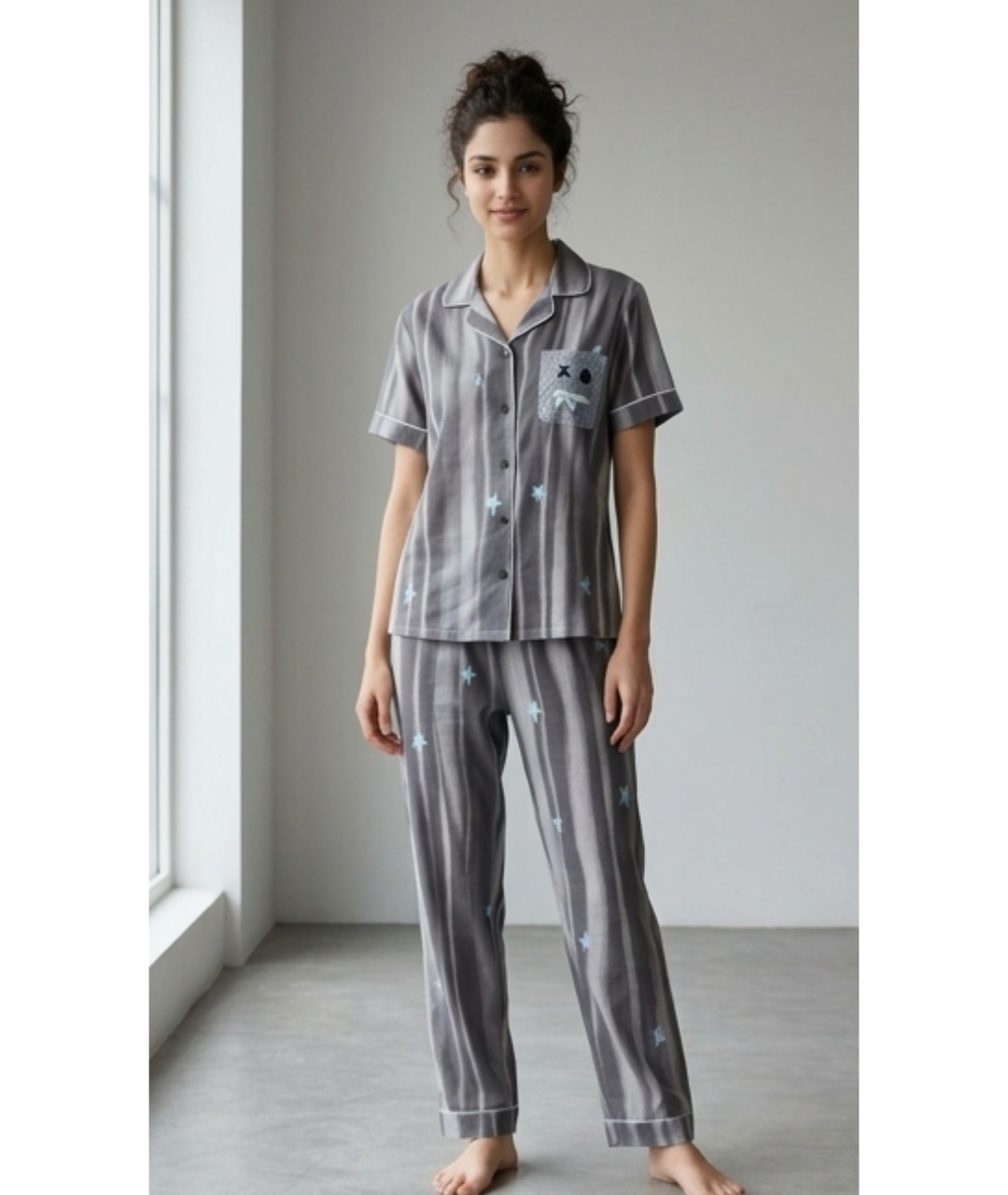 Charcoal Grey Striped & Celestial Star Printed Cotton Night Suit Set