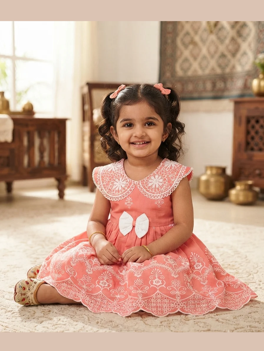 Coral Peach Lace Collar Dress with Scalloped Hem and Bow Accent