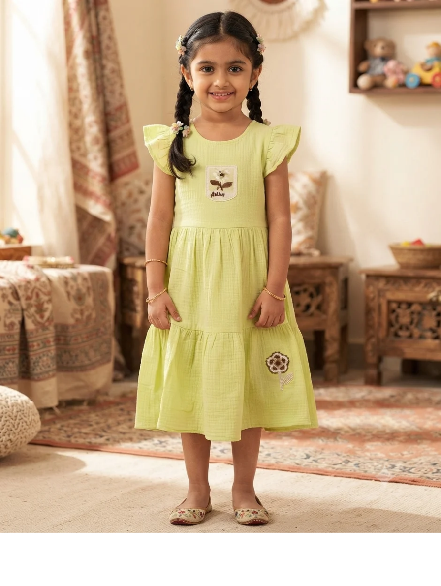 Lime Green Tiered Flutter-Sleeve Dress with Floral Appliqué