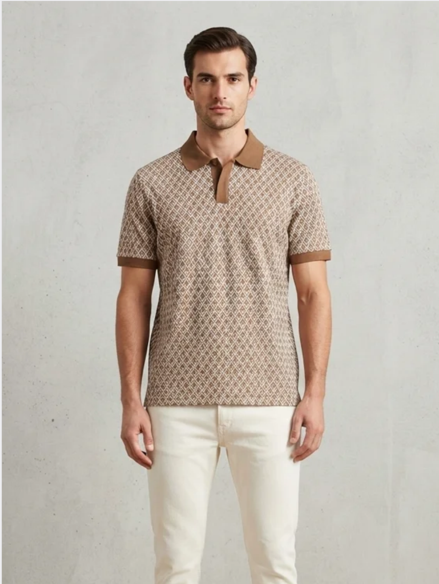 Brown and Cream Geometric Patterned Polo Shirt