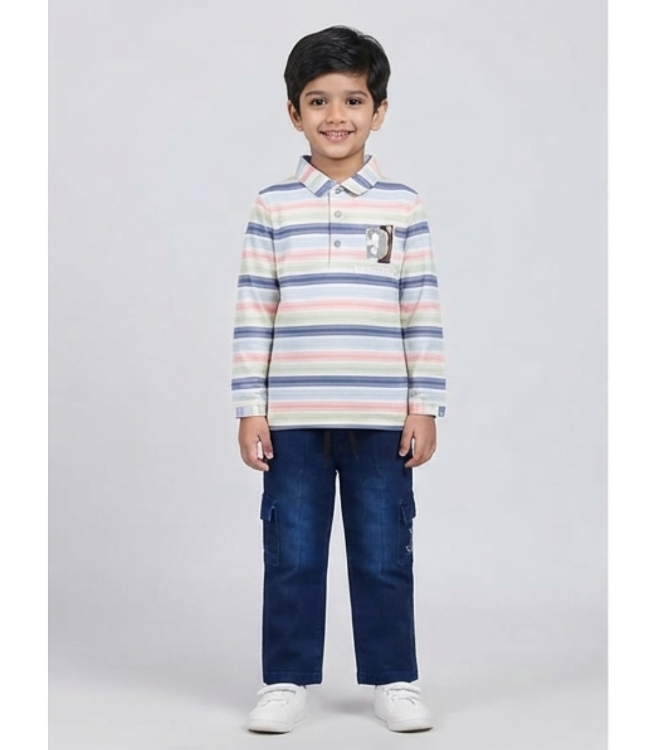 Multi-Color Striped Polo & Dark Denim Cargo Set
